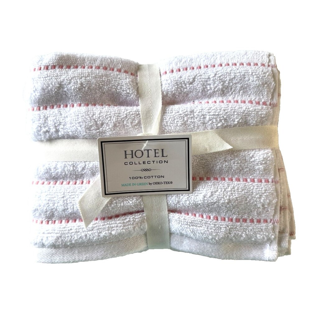 Hotel Collection Hand Towels Set Of 2 White Pink Stripe Soft Cotton 16X26